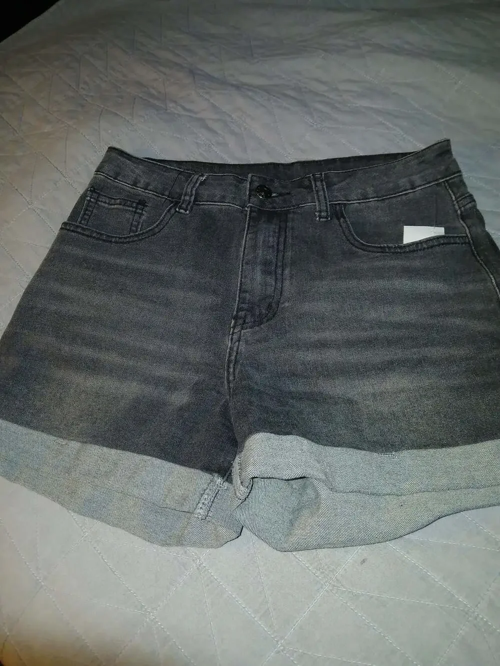 ROMWE Black Denim Cuffed Shorts with Rhinestone Cross Detail Size M